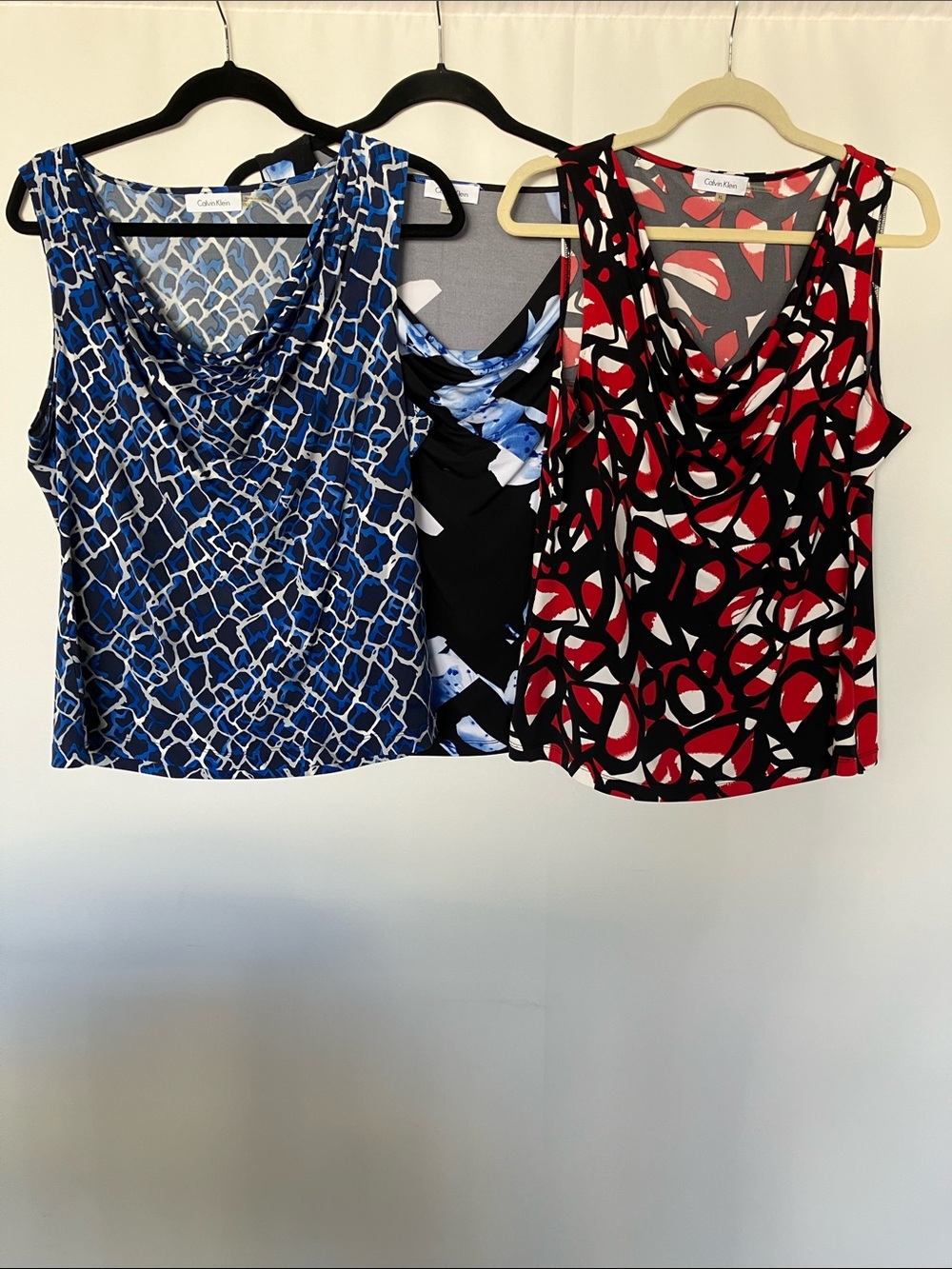 Calvin Klein Sleeveless Cowl Neck Tops - Blue & Black & Red Prints bundle 3
